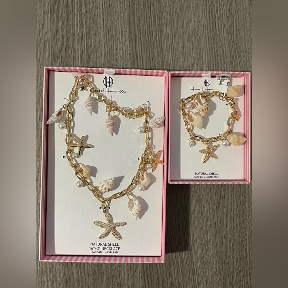 House of Harlow 1960 Gold and Cream Shell Charm Jewelry Set Necklace & Bracelet